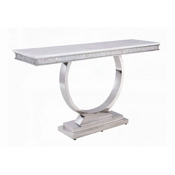 Zander White Printed Faux Marble & Mirrored Silver Finish Sofa Table - Modern Elegance for Living Rooms