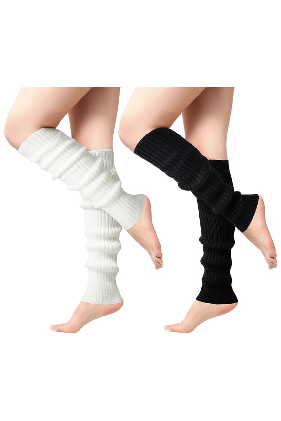 2 Pack 80s Womens Knee High Leg Warmers Knit Leg Warmers Winter Ribbed for Party Accessories Black White