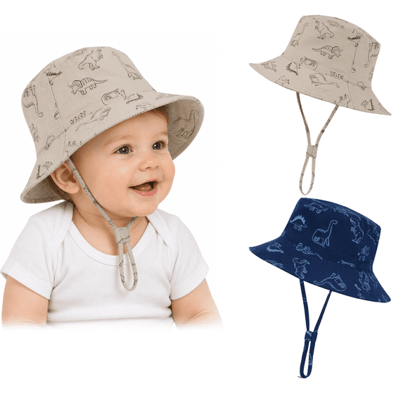 Zando 2-Pack Baby Sun Hats UPF 50+ Wide Brim Toddler Bucket Hats Adjustable Dinosaur Print Sun Protection Hat for Baby Boys Girls Dinosaur Khaki Dinosaur Navy 6-12 Months