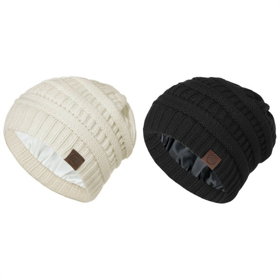 Zando 2 Pack Knit Winter Beanies Women Satin Lined Beanie Hat Chunky Warm Slouchy Beanies Snow Cap Black & Beige