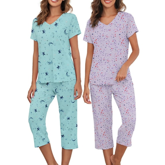 Zando 2 Pack Womens Pajama Sets Cotton Pajamas for Women Comfy Tops and Capri Pants Pajamas Set Green Star and Purple Star M