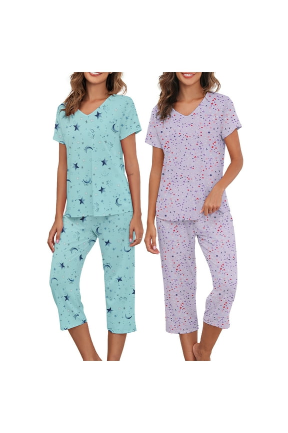 2 Pack Womens Pajama Sets Cotton Pajamas for Women Comfy Tops and Capri Pants Pajamas Set Green Star and Purple Star M