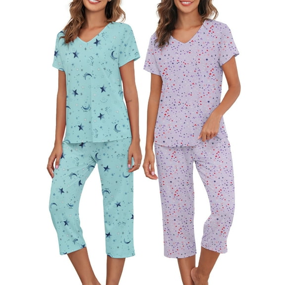 Zando 2 Pack Womens Pajama Sets Cotton Pajamas for Women Comfy Tops and Capri Pants Pajamas Set Green Star and Purple Star XL