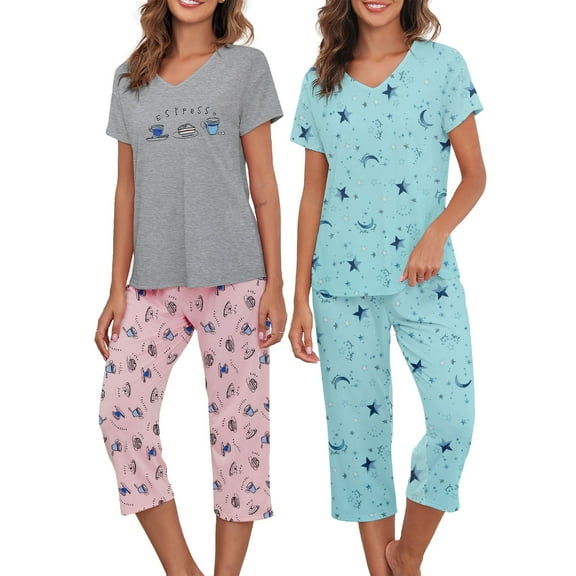 Zando 2 Pack Womens Pajama Sets Cotton Pajamas for Women Comfy Tops and Capri Pants Pajamas Set Grey Pink Cups and Green Star L