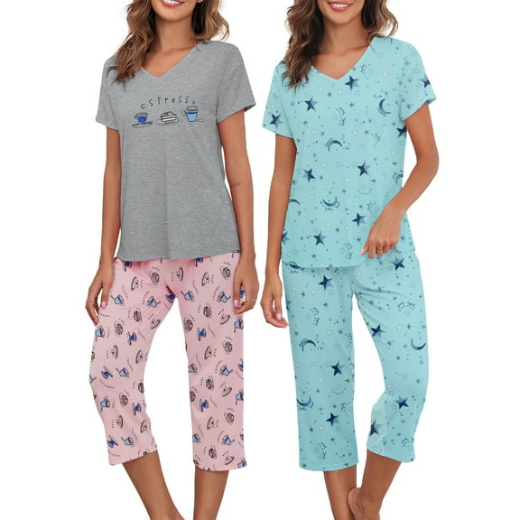 Zando 2 Pack Womens Pajama Sets Cotton Pajamas for Women Comfy Tops and Capri Pants Pajamas Set Grey Pink Cups and Green Star M