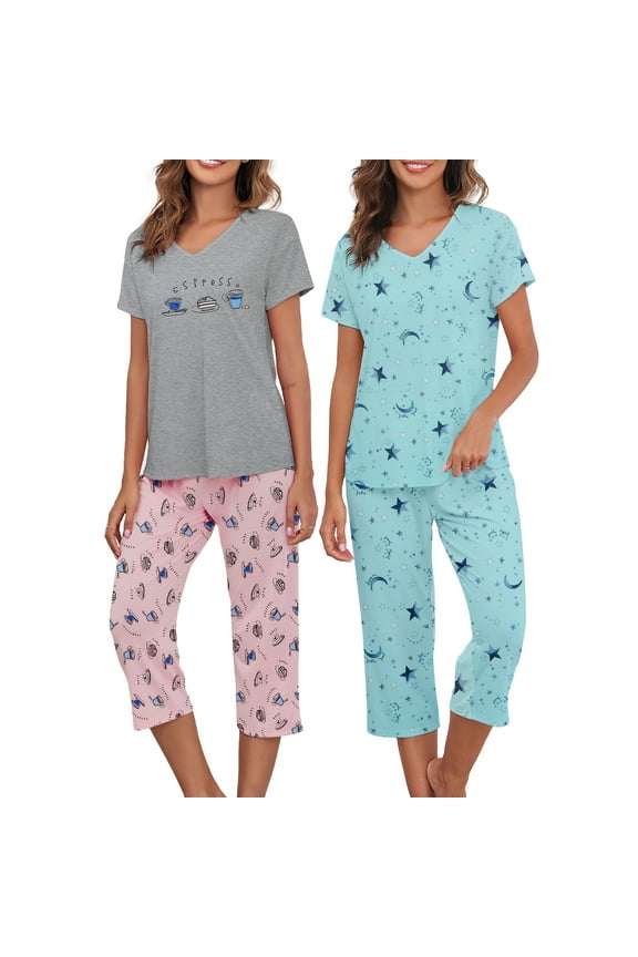 2 Pack Womens Pajama Sets Cotton Pajamas for Women Comfy Tops and Capri Pants Pajamas Set Grey Pink Cups and Green Star XL