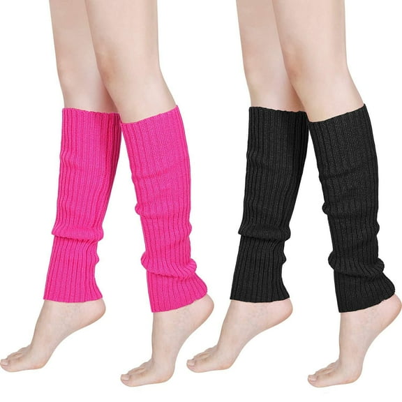 Zando 2 Packs 80s Leg Warmers for Women Girls Ribbed Knit Leg Warmer Custume Knitted Neon Leg Socks for Party Sports Yoga Black Pink