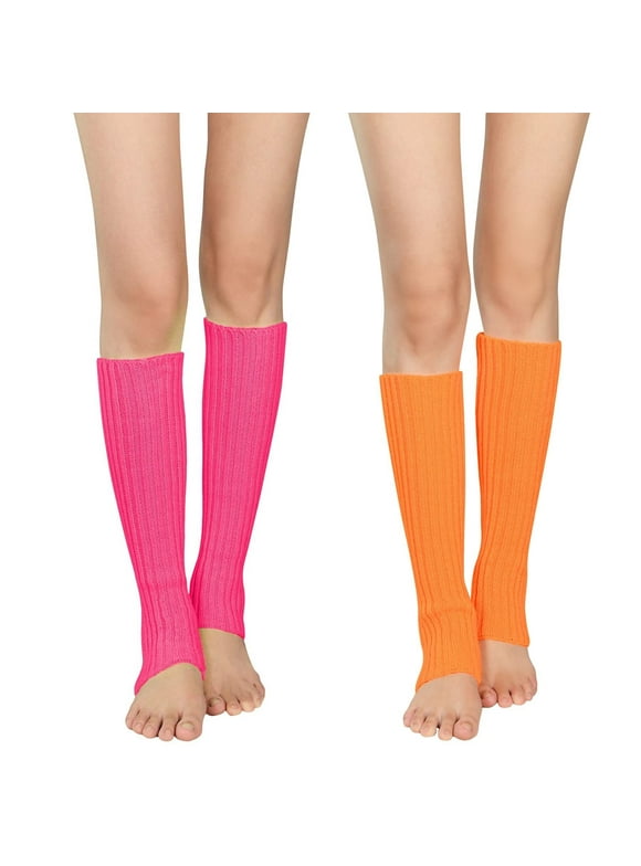 Zando 2 Packs 80s Leg Warmers for Women Girls Ribbed Knit Leg Warmer Custume Knitted Neon Leg Socks for Party Sports Yoga Pink Orange