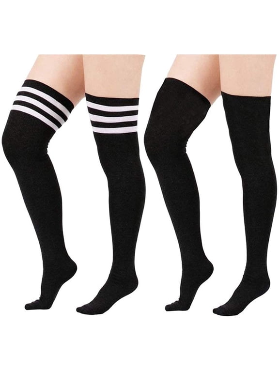 2 Pairs Women Plus Size Thigh High Stockings Thin Over the Knee Tube Socks Long Sport Tights Striped Leg Warmers Sock D Black & Black White Stripe