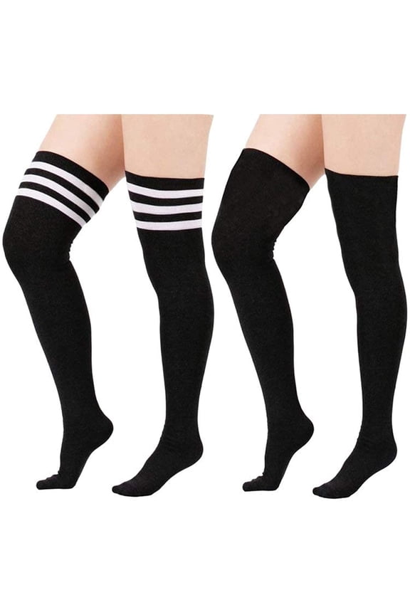2 Pairs Women Plus Size Thigh High Stockings Thin Over the Knee Tube Socks Long Sport Tights Striped Leg Warmers Sock D Black & Black White Stripe
