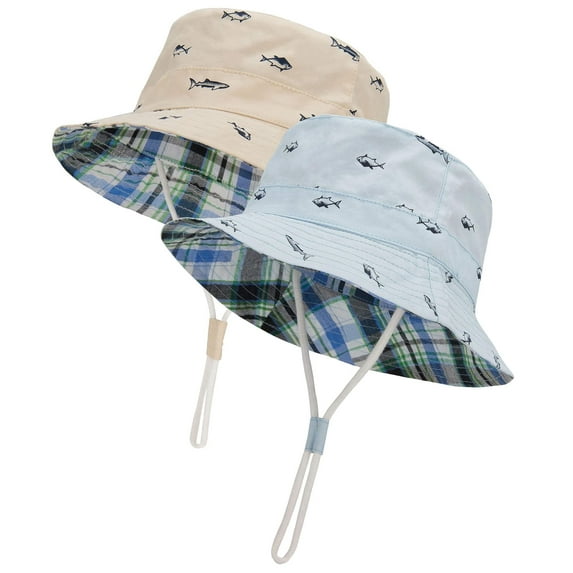 Zando 2 Pcs Baby Sun Hat Breathable Sun Protection Newborn Sun Hat Wide Brim Baby Boys Girls Bucket Hat for Beach Summer 2 Pack Beige & Blue 12-24 Months