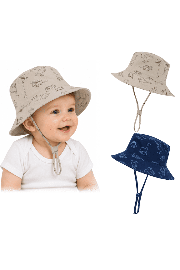 2-Pack Baby Sun Hats UPF 50+ Wide Brim Toddler Bucket Hats Adjustable Dinosaur Print Sun Protection Hat for Baby Boys Girls Dinosaur Khaki Dinosaur Navy 3-6 Months