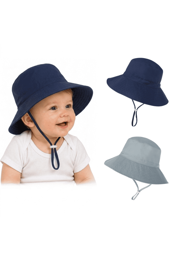 2-Pack Baby Sun Hats UPF 50+ Wide Brim Toddler Bucket Hats Adjustable Sun Protection Hat for Baby Boys Girls Navy Gray 3-6 Months
