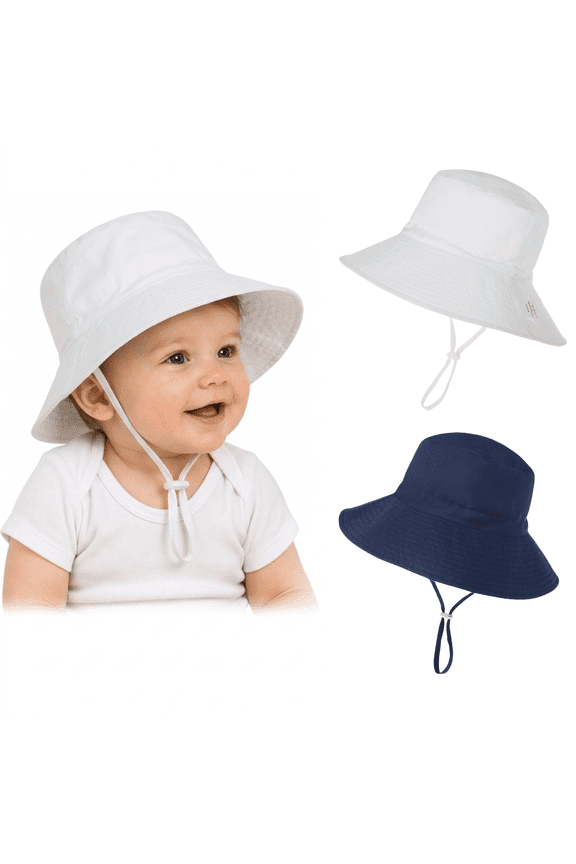 2-Pack Baby Sun Hats UPF 50+ Wide Brim Toddler Bucket Hats Adjustable Sun Protection Hat for Baby Boys Girls Navy White 6-12 Months