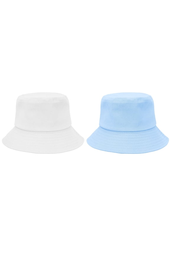 2 Pcs Cotton Kids Sun Hats Wide Brim UV Protection Toddler Sun Hat Summer Beach Toddler Bucket Hat for Boys Girls Outdoor White & Blue 2-7 Years