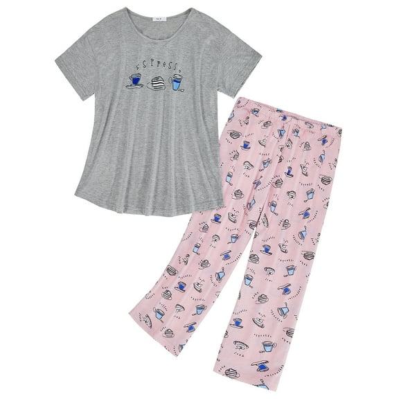 Zando 2 Piece Pajamas Plus Size for Woman Set Capri Pajamas for Woman Soft Cotton Sleepwear for Woman Top and Capri Pants Pjs Set Grey Pink Cups Size M-3XL