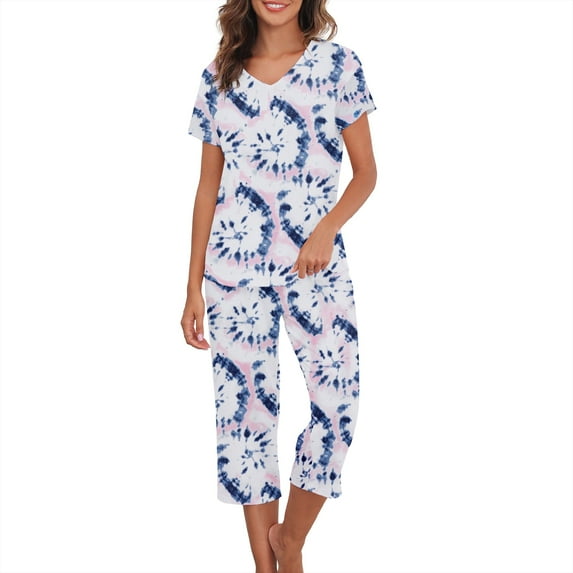 Zando 2 Piece Pajamas for Woman Set Capri Pajamas for Woman Soft Cotton Sleepwear for Woman Top and Capri Pants Pjs Set Blue and Pink Tie-Dye Size M-3XL