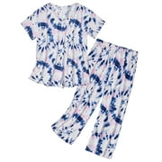 Zando 2 Piece Pajamas for Woman Set Capri Pajamas for Woman Soft Cotton Sleepwear for Woman Top and Capri Pants Pjs Set Blue and Pink Tie-Dye Size M-3XL