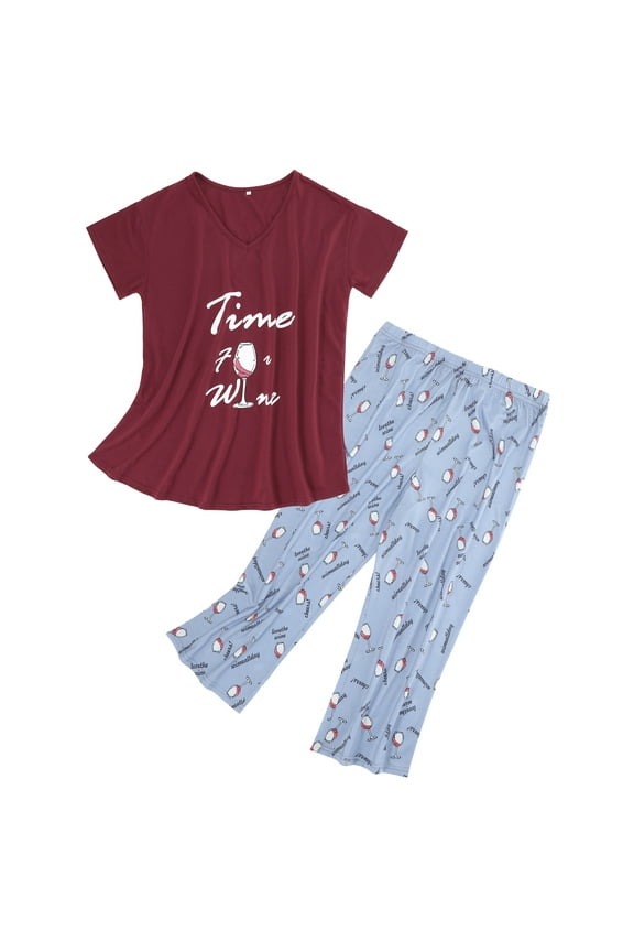 2 Piece Pajamas for Woman Set Capri Pajamas for Woman Soft Cotton Sleepwear for Woman Top and Capri Pants Pjs Set Red Wine Cup Size M-3XL