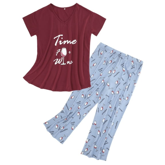 Zando 2 Piece Pajamas for Woman Set Capri Pajamas for Woman Soft Cotton Sleepwear for Woman Top and Capri Pants Pjs Set Red Wine Cup Size M-3XL