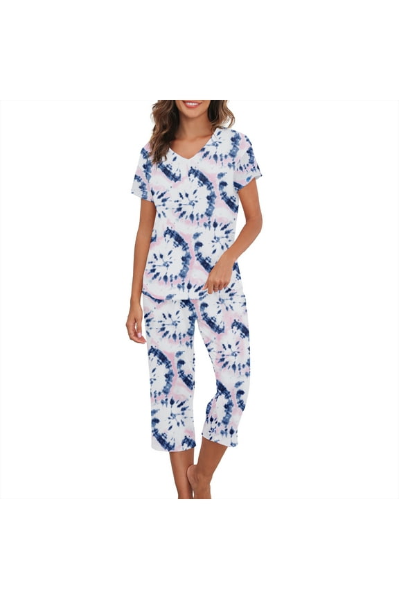 2 Piece Plus Size Pajamas for Woman Set Capri Pajamas for Woman Soft Cotton Sleepwear for Woman Top and Capri Pants Pjs Set Blue and Pink Tie-Dye Size M-3XL