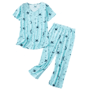 Zando 2 Piece Womens Short Sleeve Pajama Sets for Women Soft Sleepwear Tops with Capri Pants Loungewear 2 Piece Pj Set Green Star XL