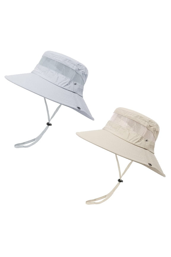 2 Pieces Fishing Hat for Men Wide Brim Womens Sun Hats Packable Bucket Hat for Summer Climbing Outdoor Activies Gray & Beige