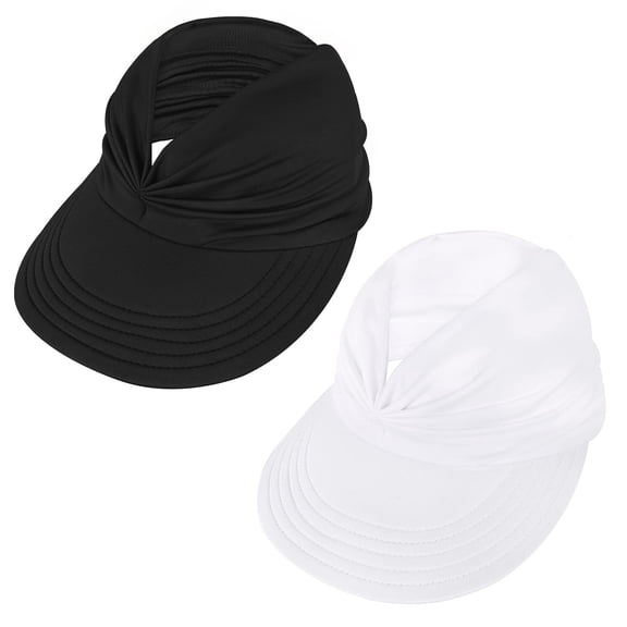 Zando 2 Pieces Sun Visors for Women UV Protection Sun Hat Stylish Packable Beach Hats with Ponytail Black & White