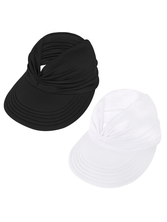 2 Pieces Sun Visors for Women UV Protection Sun Hat Stylish Packable Beach Hats with Ponytail Black & White