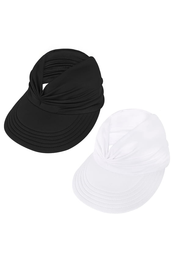 2 Pieces Sun Visors for Women UV Protection Sun Hat Stylish Packable Beach Hats with Ponytail Black & White