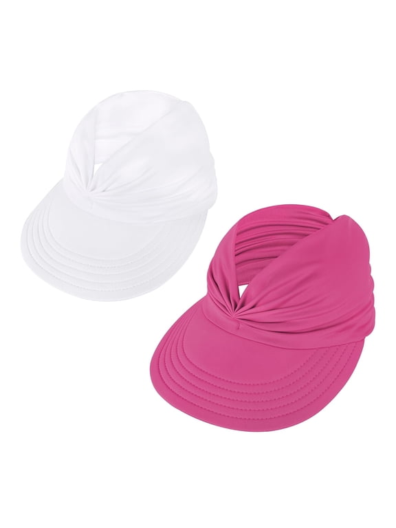 2 Pieces Sun Visors for Women UV Protection Sun Hat Stylish Packable Beach Hats with Ponytail White & Rose Red