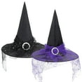 thumbnail image 1 of Zando 2Pcs Witches Hats for Adults Lace Wizard Hat with Veil Wide Brim Halloween Costume Foldable Pointed Witch Hats Black Purple, 1 of 5