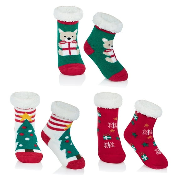 Zando 3 Pairs Fuzzy Kids Slipper Socks Non Slip Socks for Toddler Christmas Slipper Socks with Grips Christmas Stockings Gifts Christmas Series A 3-5T