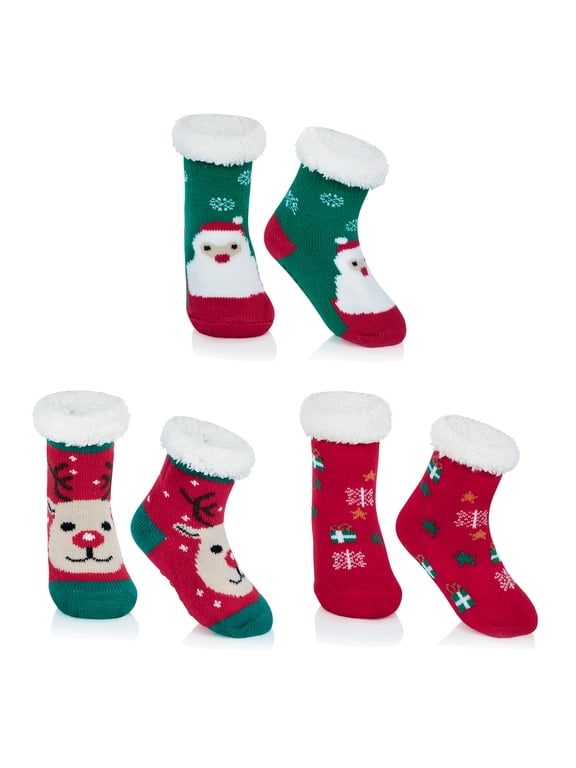 3 Pairs Fuzzy Kids Slipper Socks Non Slip Socks for Toddler Christmas Slipper Socks with Grips Christmas Stockings Gifts Christmas Series B 3-5T