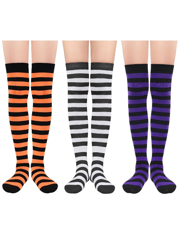 3 Pairs Halloween Thigh High Socks for Women Striped Over the Knee Halloween Socks Long Boot Stockings Leg Warmers