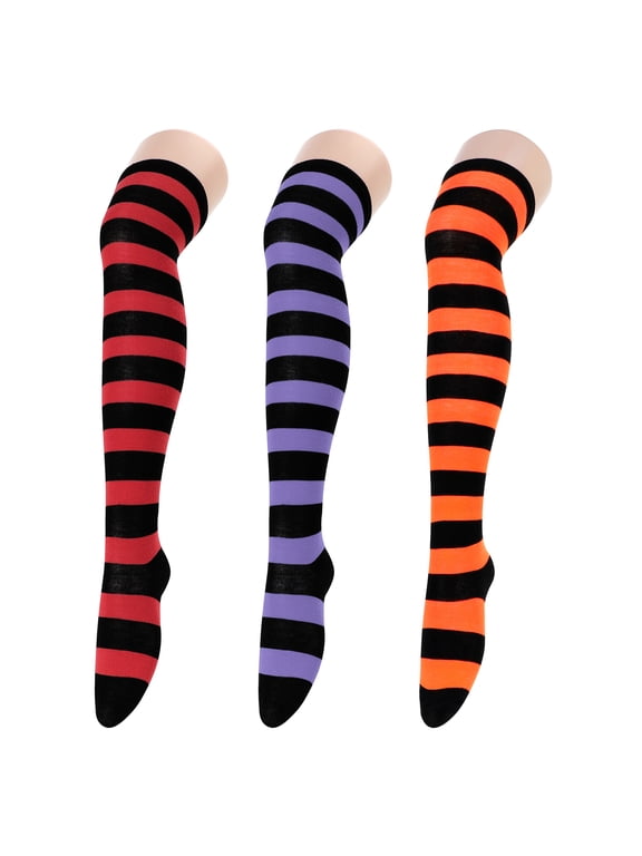 3 Pairs Halloween Thigh High Socks for Women Striped Over the Knee Halloween Socks Long Boot Stockings Leg Warmers