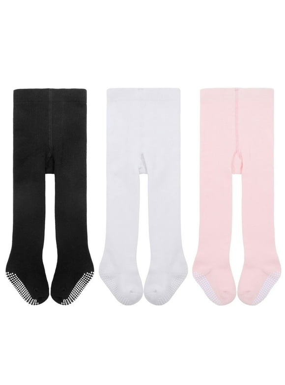 3 Pairs Non-Slip Plain Baby Stockings Soft Cotton Girls Pantyhose with Grips Seamless Baby Tights for Newborn Infant Toddler