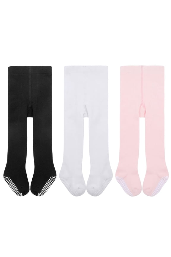 3 Pairs Non-Slip Plain Baby Stockings Soft Cotton Girls Pantyhose with Grips Seamless Baby Tights for Newborn Infant Toddler