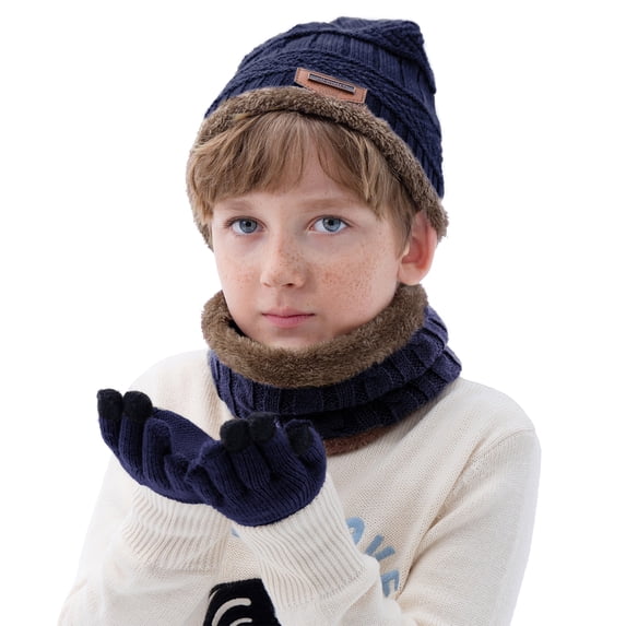 Zando 3Pcs Kids Winter Fleece Lined Beanie, Circle Scarf & Touch Screen Gloves Set Navy Age 3-8