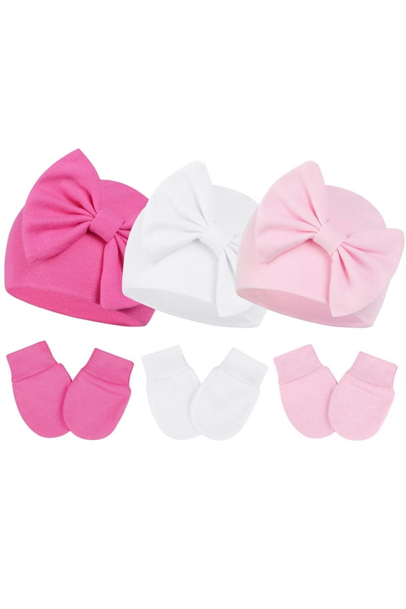 3Pcs Infant Hat and Gloves Set Soft Newborn Hats for Girls Knit Baby Hats with Bow No Scratch Mittens 0-3 Months