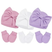 Zando 3Pcs Infant Hat and Gloves Set Soft Newborn Hats for Girls Knit Baby Hats with Bow No Scratch Mittens 0-3 Months