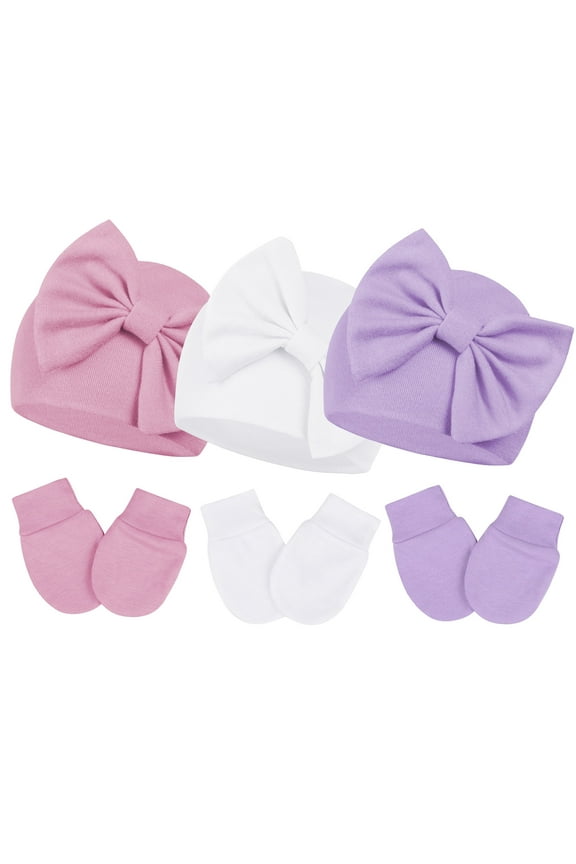 3Pcs Infant Hat and Gloves Set Soft Newborn Hats for Girls Knit Baby Hats with Bow No Scratch Mittens 0-3 Months