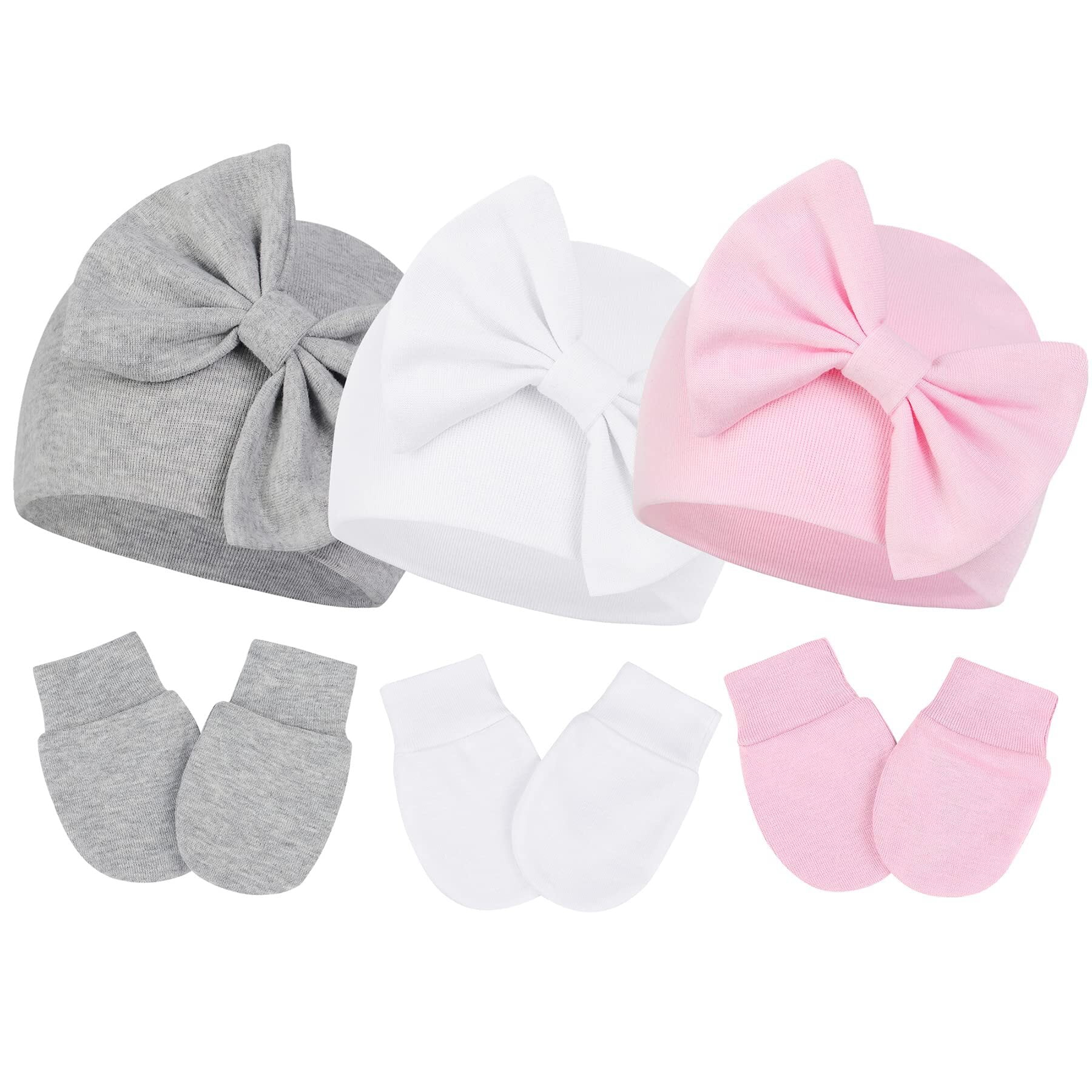 Zando 3Pcs Infant Hat and Gloves Set Soft Newborn Hats for Girls Knit