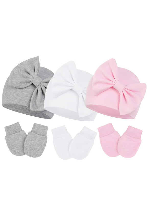 3Pcs Infant Hat and Gloves Set Soft Newborn Hats for Girls Knit Baby Hats with Bow No Scratch Mittens 0-3 Months