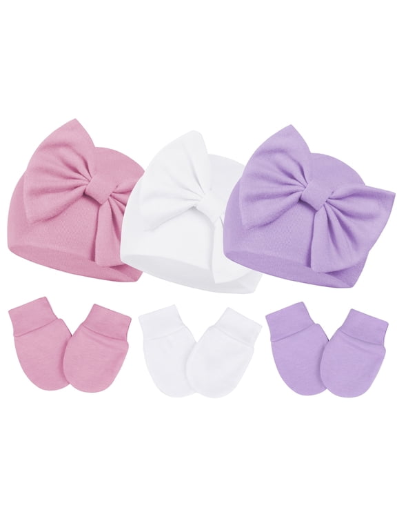 3Pcs Infant Hat and Gloves Set Soft Newborn Hats for Girls Knit Baby Hats with Bow No Scratch Mittens 0-3 Months