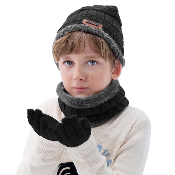 Zando 3Pcs Kids Winter Fleece Lined Beanie, Circle Scarf & Touch Screen Gloves Set Black Age 3-8