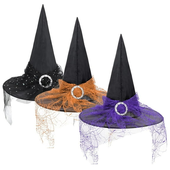 Zando 3Pcs Witches Hats for Women Modern Party Hat with Veil Lace Witch Costume for Women Accessory Black Orange Purple