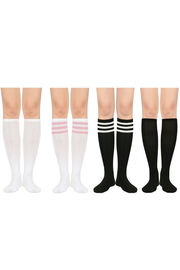 4 Pairs Women Knee High Socks Knee Calf Socks for Girls Tube Socks Adults Uniform Compression Socks