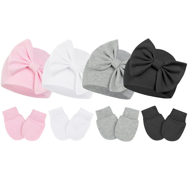 Zando 4Pcs Infant Hat and Gloves Set Newborn Hats for Girls Knit Baby