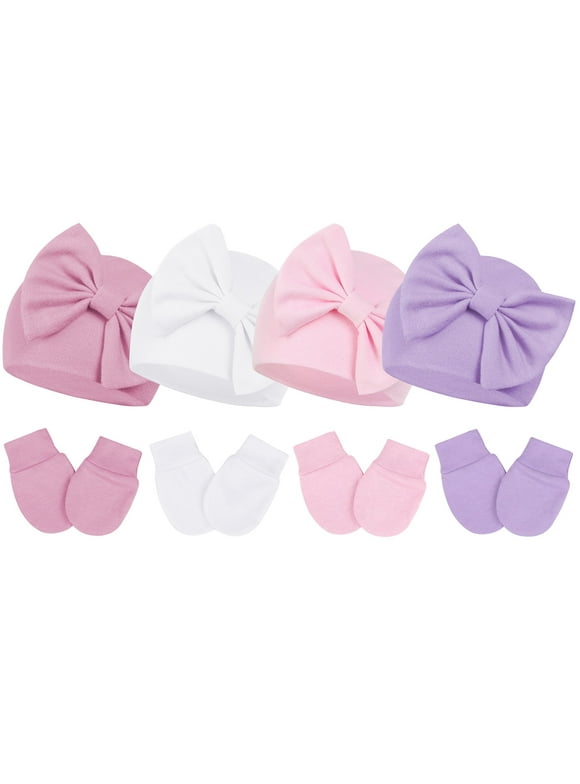 4Pcs Newborn Hat and Mitten Set Baby Girls Beanie with Big Bow Warm Baby Hats and No Scratch Mittens 0-3 Months